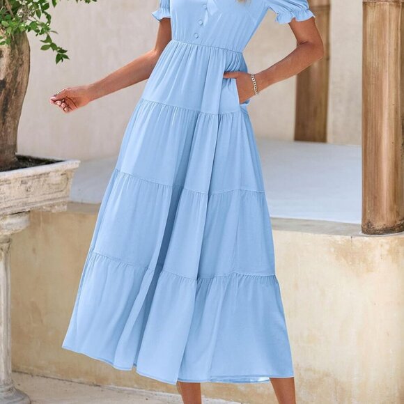 Women's Summer Casual Short Sleeve V Neck Midi Dresses 2025 Spring A-line Tiered - Picture 4 of 8